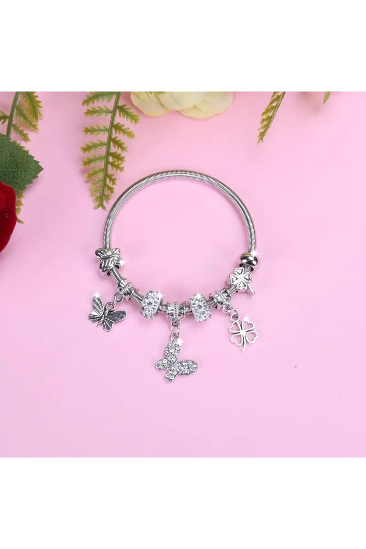 Charm Bileklik, Rhinestone Kelebek Çiçek Kolye Boncuklu Rhinestone