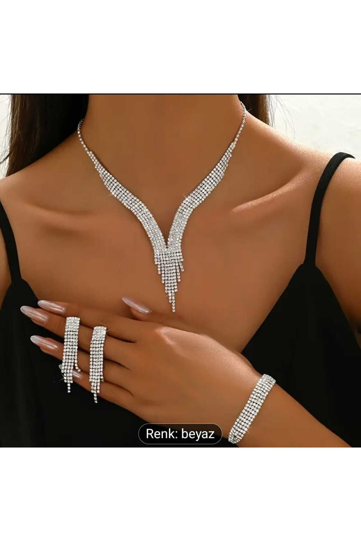 Şık Taşlı Damlalı Püskül Kolye + 1 Çift Küpe + 1 Bileklik Seti